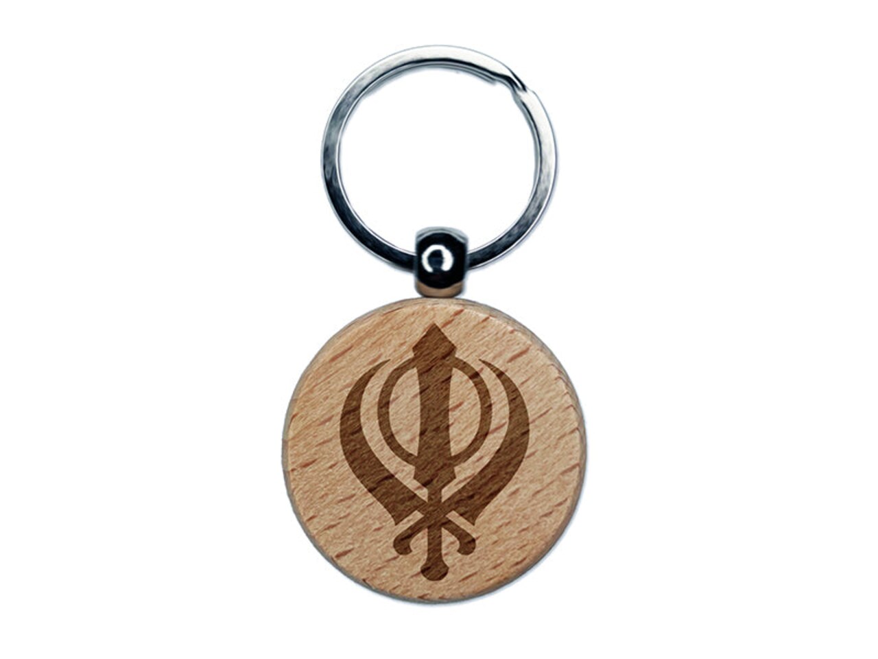 Sikh Khanda Indian Punjab Religious Symbol Engraved Wood Round Keychain Tag Charm